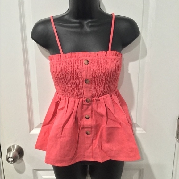 HYFVE Tops - Spaghetti Strap Smocked Button Babydoll Cami